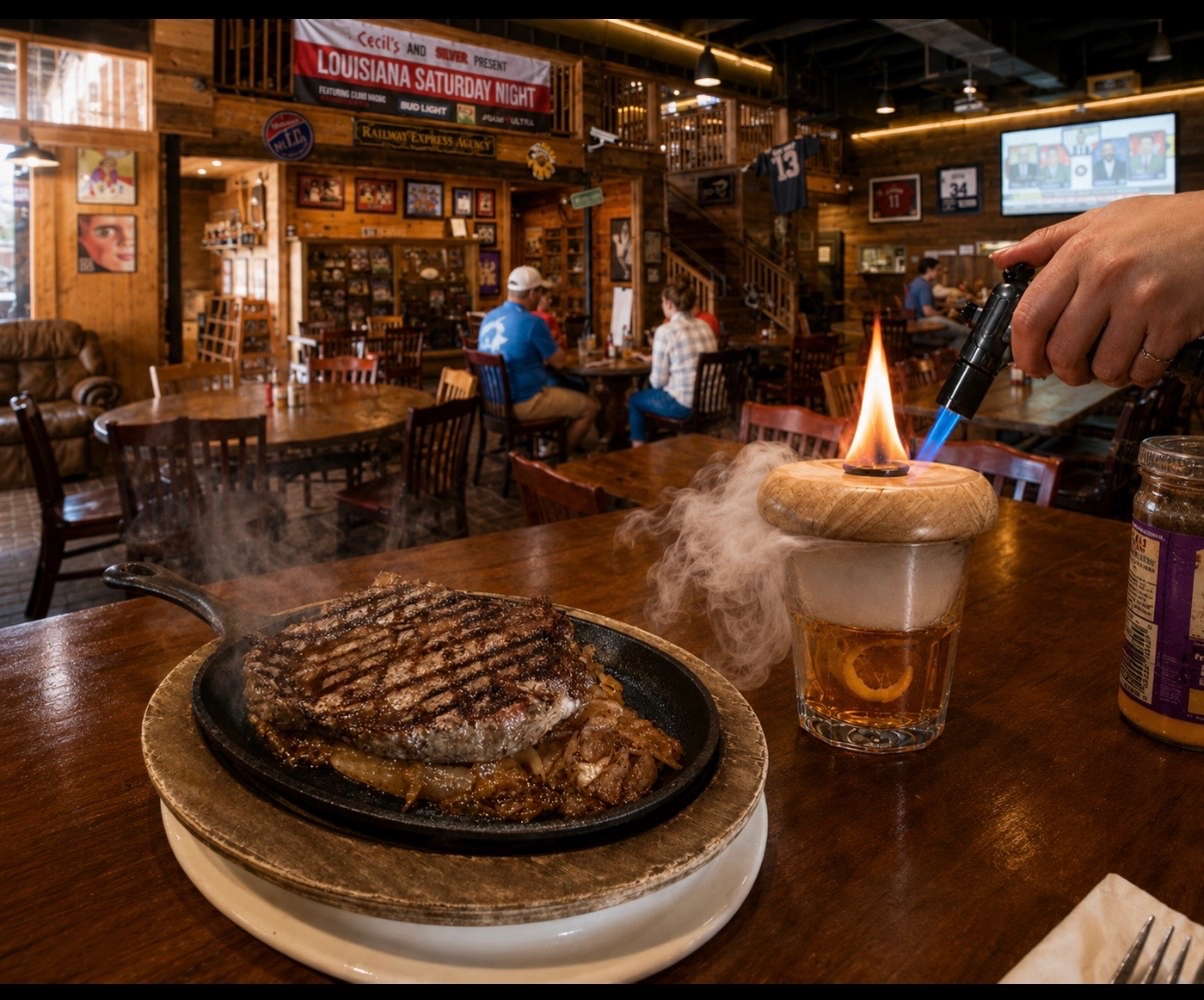 A sizzling skillet ribeye beside a smoked old fashioned being torched at the bar
